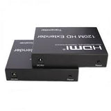 Two black HDMI extenders on a white background