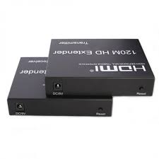 Two black HDMI extenders on a white background
