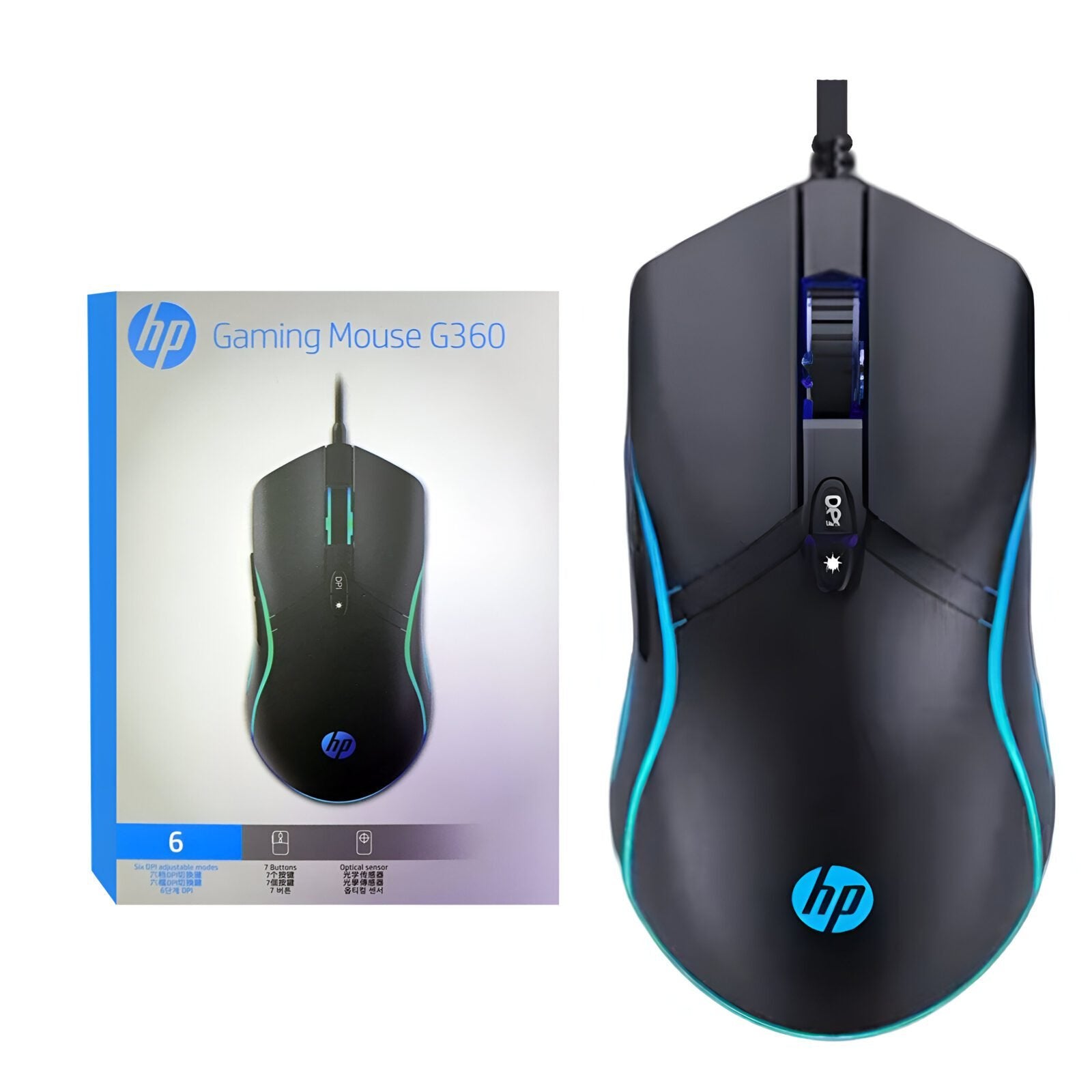 HP G360 wired gaming mouse with 6200 DPI, 6 programmable buttons, and RGB lighting effects for precision gaming performance