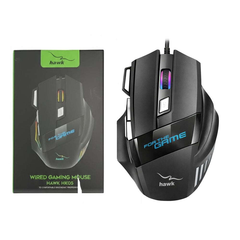 HAWK HK05 PowerGrip 7D RGB Wired Gaming Mouse, featuring an ergonomic design for superior comfort, customizable RGB lighting effects, and high-precision 7D button control for an enhanced and responsive gaming experience