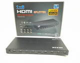 HDMI Splitter 8-Port, supporting high-resolution 2K and 4K output, ideal for distributing high-definition audio and video signals simultaneously to multiple displays in home theaters, retail setups, or professional presentation environments