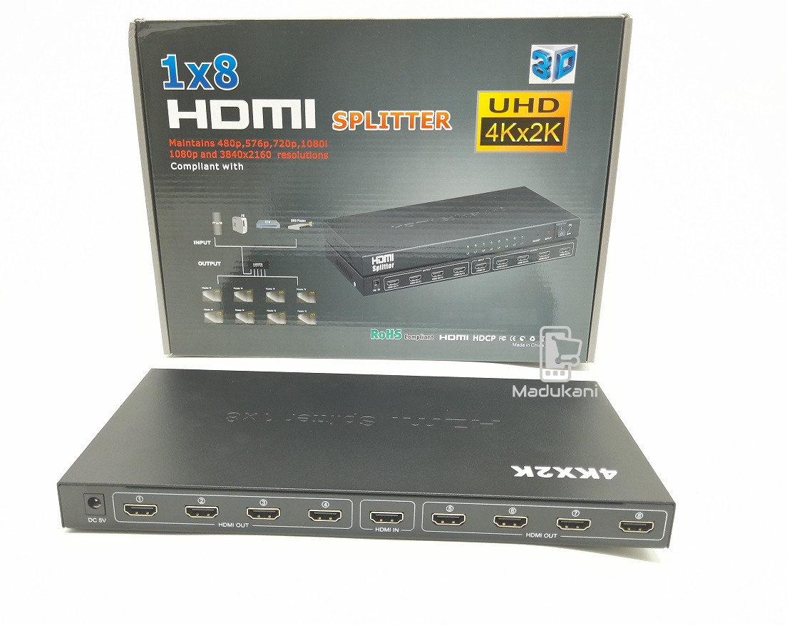 HDMI Splitter 8-Port, supporting high-resolution 2K and 4K output, ideal for distributing high-definition audio and video signals simultaneously to multiple displays in home theaters, retail setups, or professional presentation environments