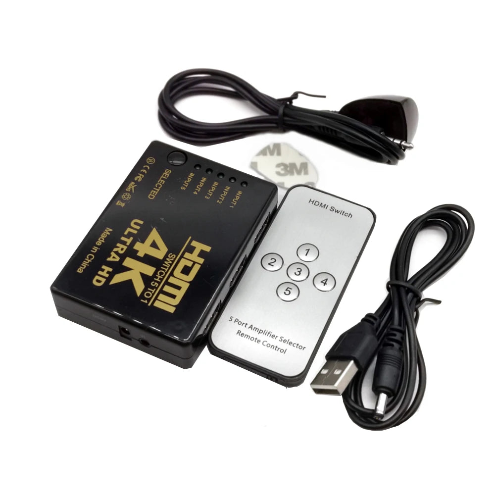 HDMI Switch 5-Port, supports 2K and 4K high-definition resolutions, allowing for seamless, efficient switching between multiple source devices for home theaters, gaming setups, and office workstations