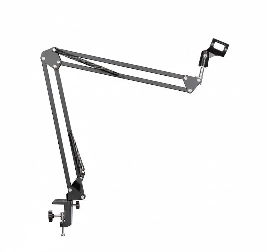 Close-up of the 360-degree adjustable joints and reinforced steel frame of the mic stand