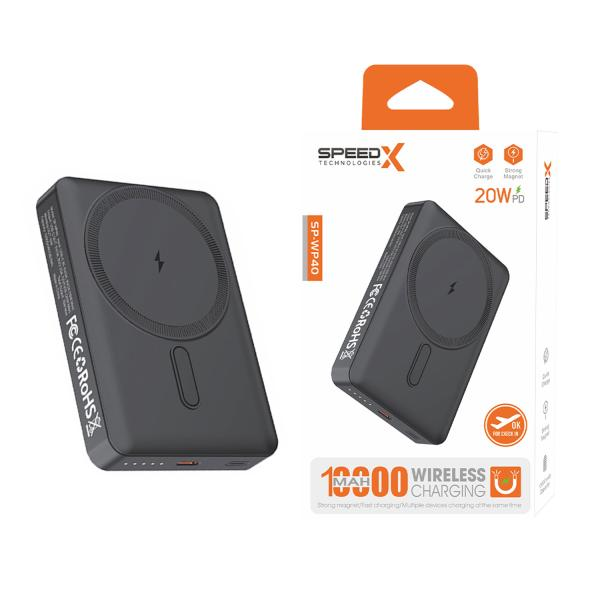 SPEED-X SP-WP40 magnetic wireless power bank featuring 10000mAh capacity, strong magnetic alignment, 20W PD fast charging Type-C port, and LED battery status indicators