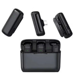 J13 Type-C dual wireless lavalier microphone system featuring two lapel mic transmitters, compact receiver link, and custom 300mAh charging box