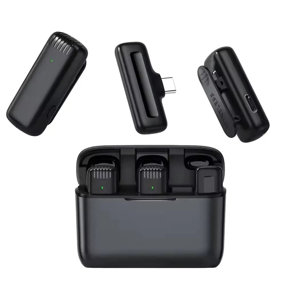 J13 Type-C dual wireless lavalier microphone system featuring two lapel mic transmitters, compact receiver link, and custom 300mAh charging box