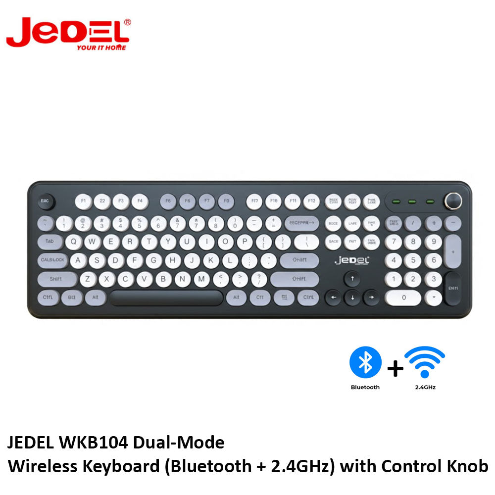 JEDEL WKB104 Dual-Mode Wireless Keyboard (Bluetooth + 2.4GHz) with Control Knob