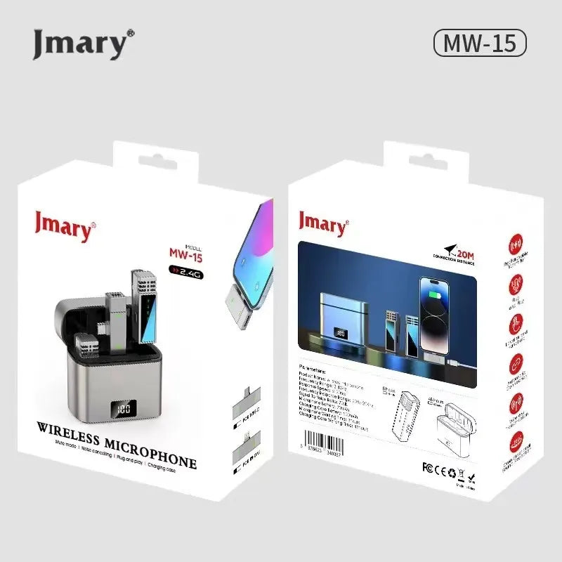 Jmary MW-15 wireless lavalier microphone with Type-C receiver and 48-hour battery life charging case for Android smartphones
