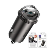 Joyroom C-A35 45W mini dual-port car charger showing its flush-fit hidden design, fold-out mechanical ring-pull clip, and USB + Type-C ports