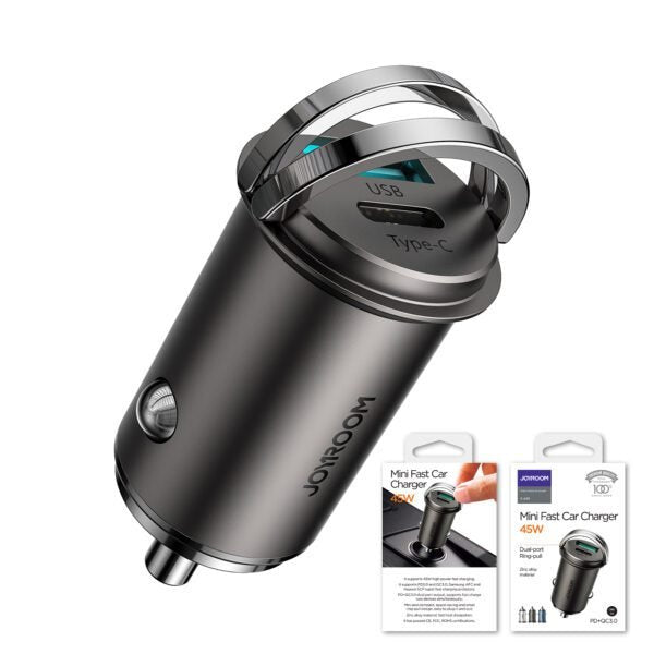Joyroom C-A35 45W mini dual-port car charger showing its flush-fit hidden design, fold-out mechanical ring-pull clip, and USB + Type-C ports