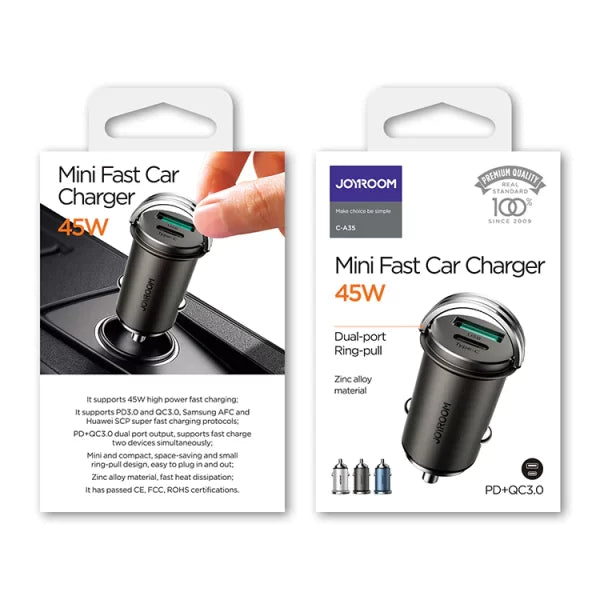 Joyroom C-A35 45W mini dual-port car charger showing its flush-fit hidden design, fold-out mechanical ring-pull clip, and USB + Type-C ports