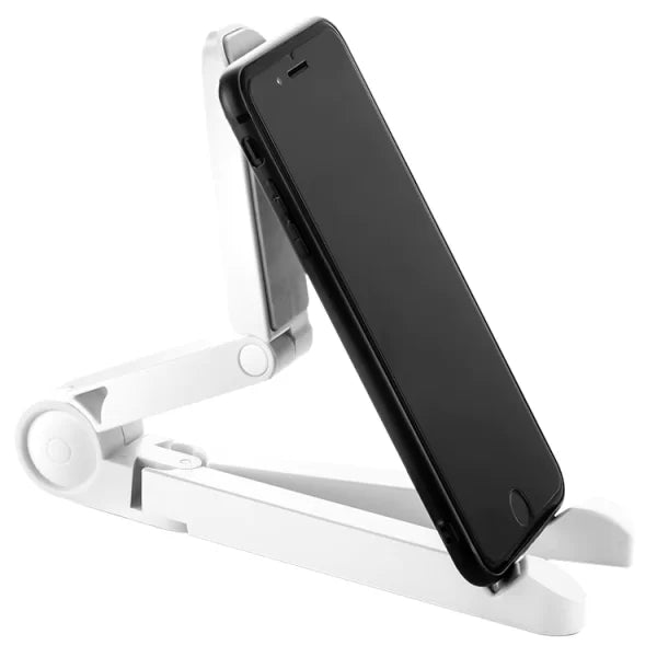 Joyroom ZS120 desktop tablet holder standing on a desk showing its adjustable polycarbonate bracket arm, stable tabletop mounting pad, and compact folded flat mode