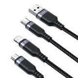 Joyroom Multi-Use Series S-1T3018A18 3-in-1 data cable highlighting its integrated Lightning, Type-C, and Micro USB connector branches, robust aluminum alloy shells, and premium braided nylon body