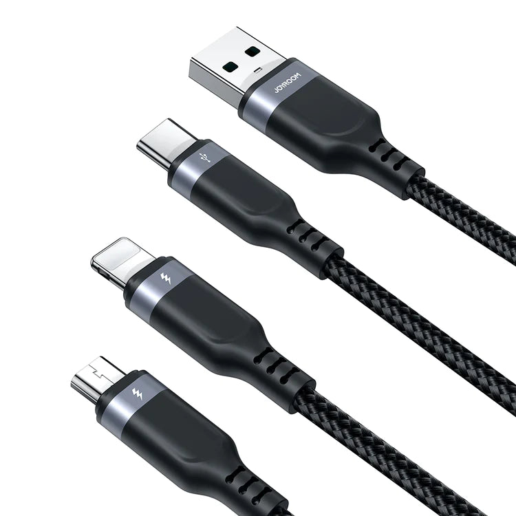 Joyroom Multi-Use Series S-1T3018A18 3-in-1 data cable highlighting its integrated Lightning, Type-C, and Micro USB connector branches, robust aluminum alloy shells, and premium braided nylon body