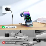 Joyroom JR-WQN01 15W 3in1 foldable wireless charging station displaying its dual-coil smartphone stand, Apple Watch charging mount, earbud pad, and adjustable back panel