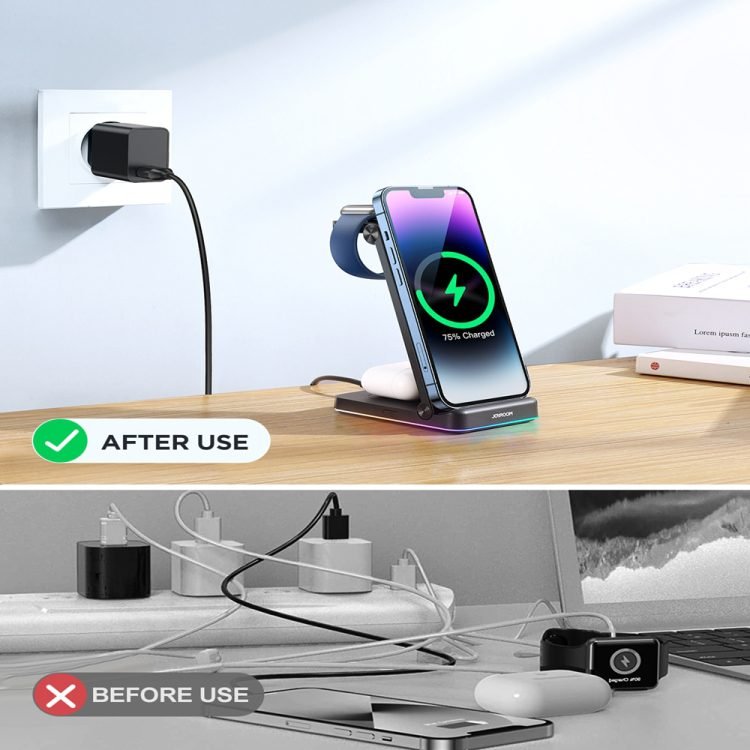 Joyroom JR-WQN01 15W 3in1 foldable wireless charging station displaying its dual-coil smartphone stand, Apple Watch charging mount, earbud pad, and adjustable back panel