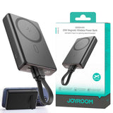 Joyroom JR-PBM01 20W wireless power bank featuring 10000mAh capacity, integrated detachable cable, foldable kickstand, and digital battery display