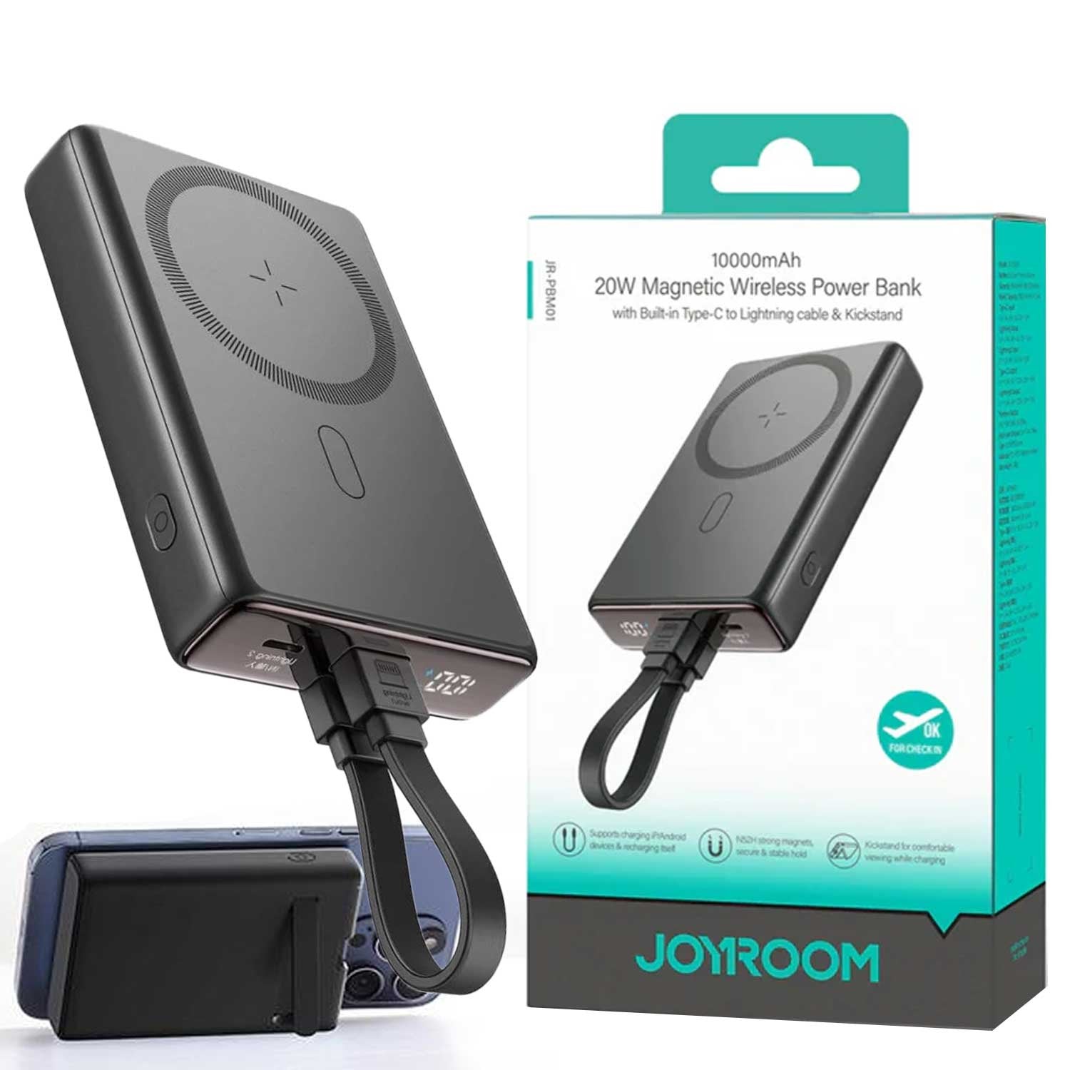 Joyroom JR-PBM01 20W wireless power bank featuring 10000mAh capacity, integrated detachable cable, foldable kickstand, and digital battery display