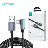 Joyroom SmoothGame Series S-AC027A17 right angle USB-A to Type-C fast charging data cable highlighting its 90-degree elbow connector shell, high-density nylon braided exterior, and 1.2-meter gaming layout