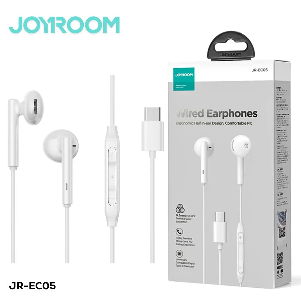 Technical close-up of the Joyroom JR-EC05 14.2mm composite diaphragm speaker and durable TPE cord architecture.