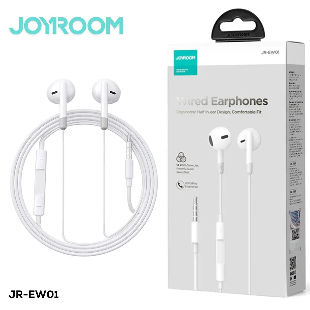Technical close-up of the Joyroom JR-EW01 14.2mm large speaker driver and ergonomic earbud structure.