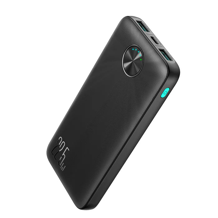 Technical close-up of the Joyroom JR-PBF15 triple output ports and bidirectional USB-C fast charging interface.