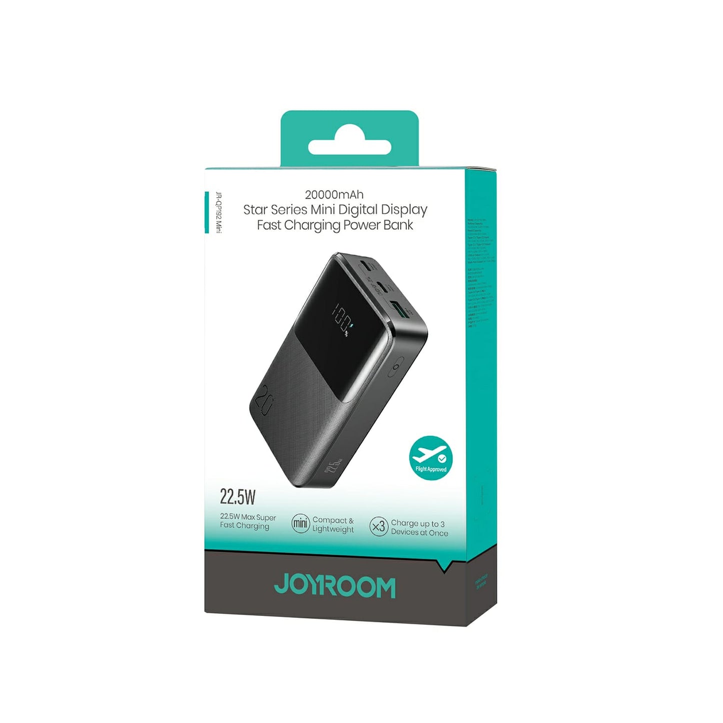 Technical close-up of the Joyroom JR-QP192 triple output ports and real-time battery percentage indicator.