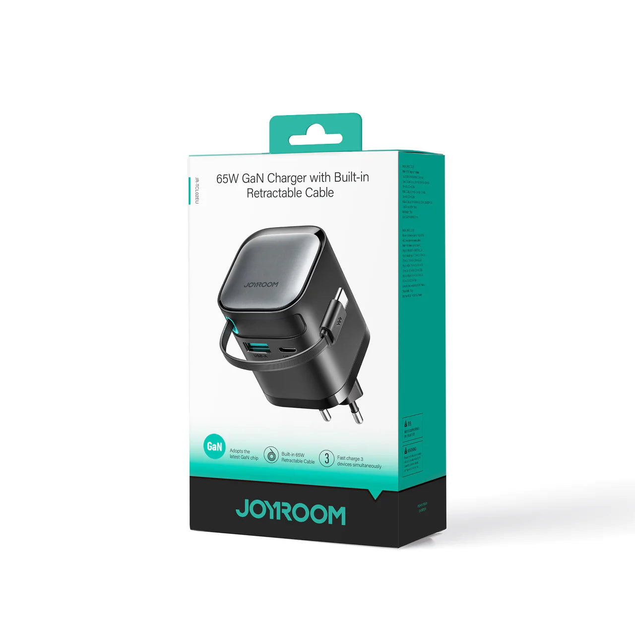 Technical close-up of the Joyroom JR-TCL02 65W output specifications and fireproof PC material finish.