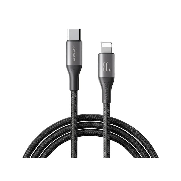 Technical close-up of the Joyroom S-A28 aluminum alloy connector tips and high-density nylon braiding.