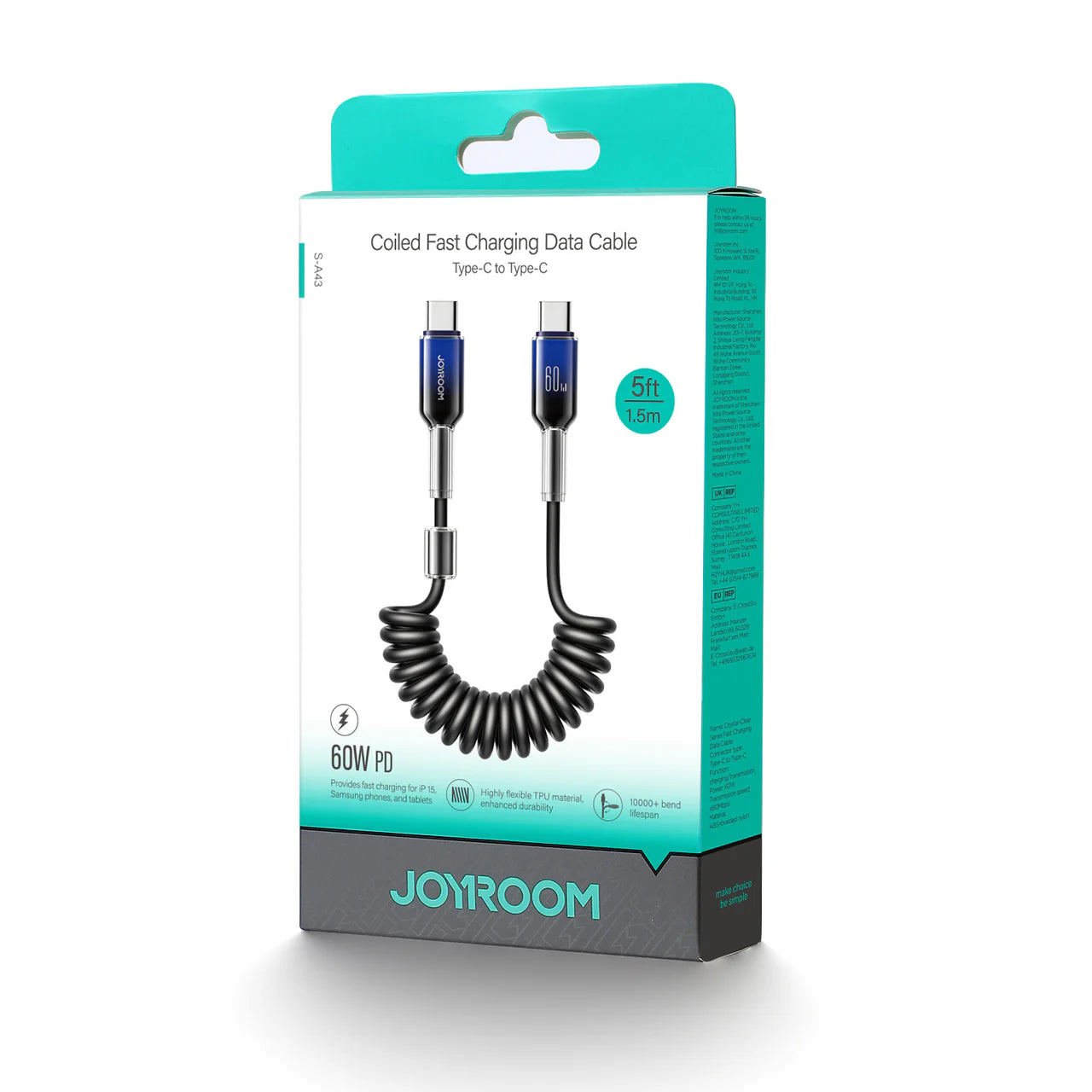 Technical close-up of the Joyroom S-A43 TPU and PU material construction and Type-C connectors.