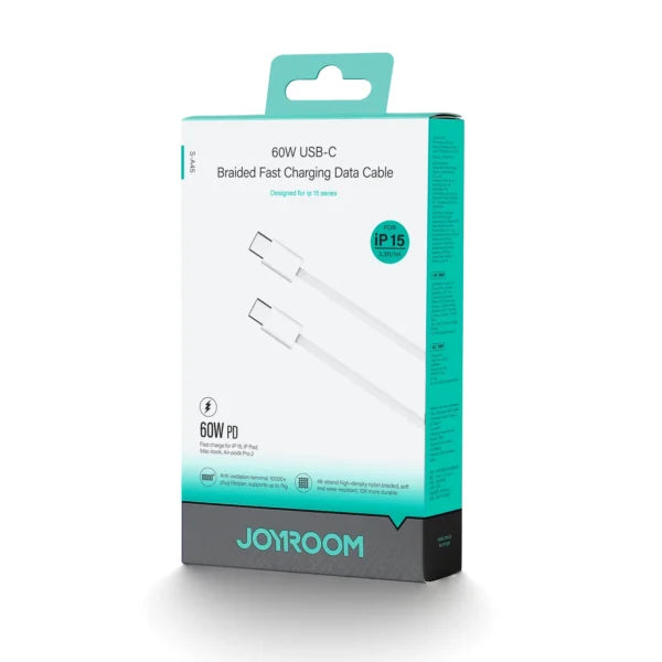Technical close-up of the Joyroom S-A45 reinforced nylon braiding and high-strength ABS connectors.