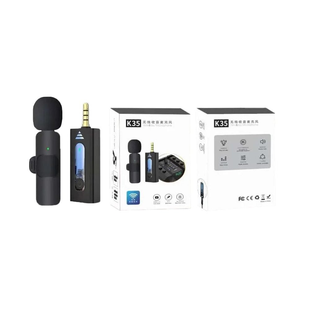 K35 wireless single collar microphone by Yug Style featuring automatic plug-and-play pairing receiver, omnidirectional lapel transmitter, spray-proof sponge, and noise reduction chip