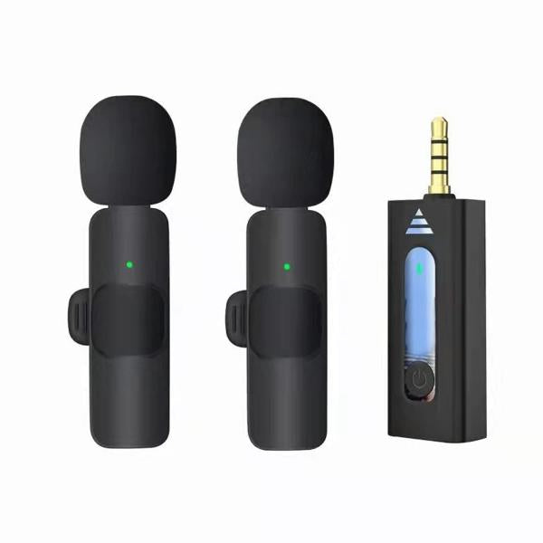 K35 wireless dual microphone with 3.5mm receiver for cameras, speakers, and smartphones, featuring 20m range and noise cancellation