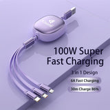 Kisonli 3-in-1 multi USB charger cable showcasing its integrated Type-C, Micro USB, and iPhone connector heads, premium woven exterior, and flexible TPE inner quilt layout