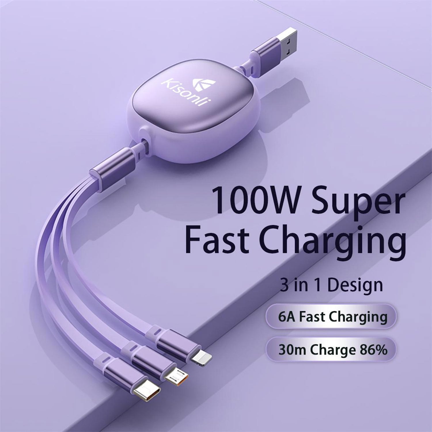 Kisonli 3-in-1 multi USB charger cable showcasing its integrated Type-C, Micro USB, and iPhone connector heads, premium woven exterior, and flexible TPE inner quilt layout