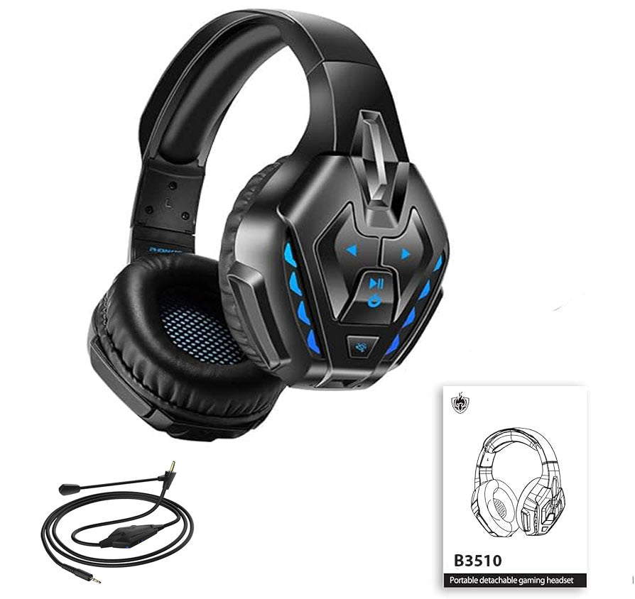 Technical close-up of the Kotion B3510 detachable mic port and on-ear tactile control buttons.