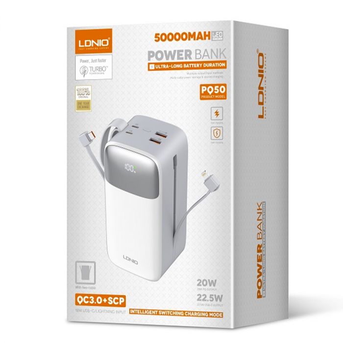Close-up of LDNIO PQ50 ports and digital display showing 22.5W fast charging status.