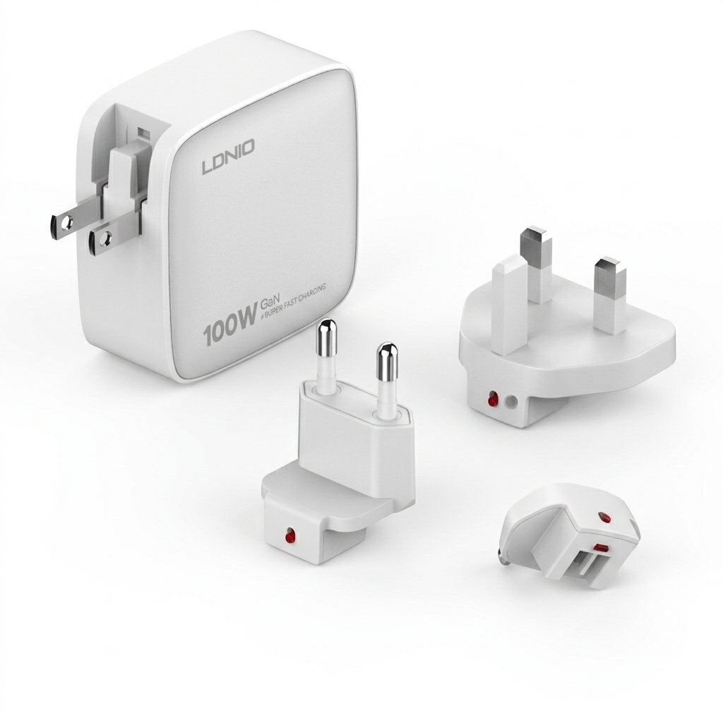 Close-up of LDNIO Q408 ports highlighting PD 3.0, QC 5.0, and PPS protocol support.