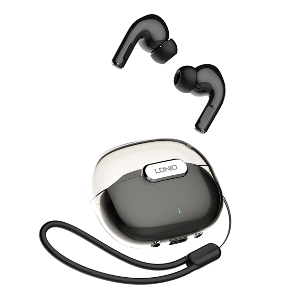 Close-up of the LDNIO T02 touch-sensitive control interface and ergonomic in-ear design.