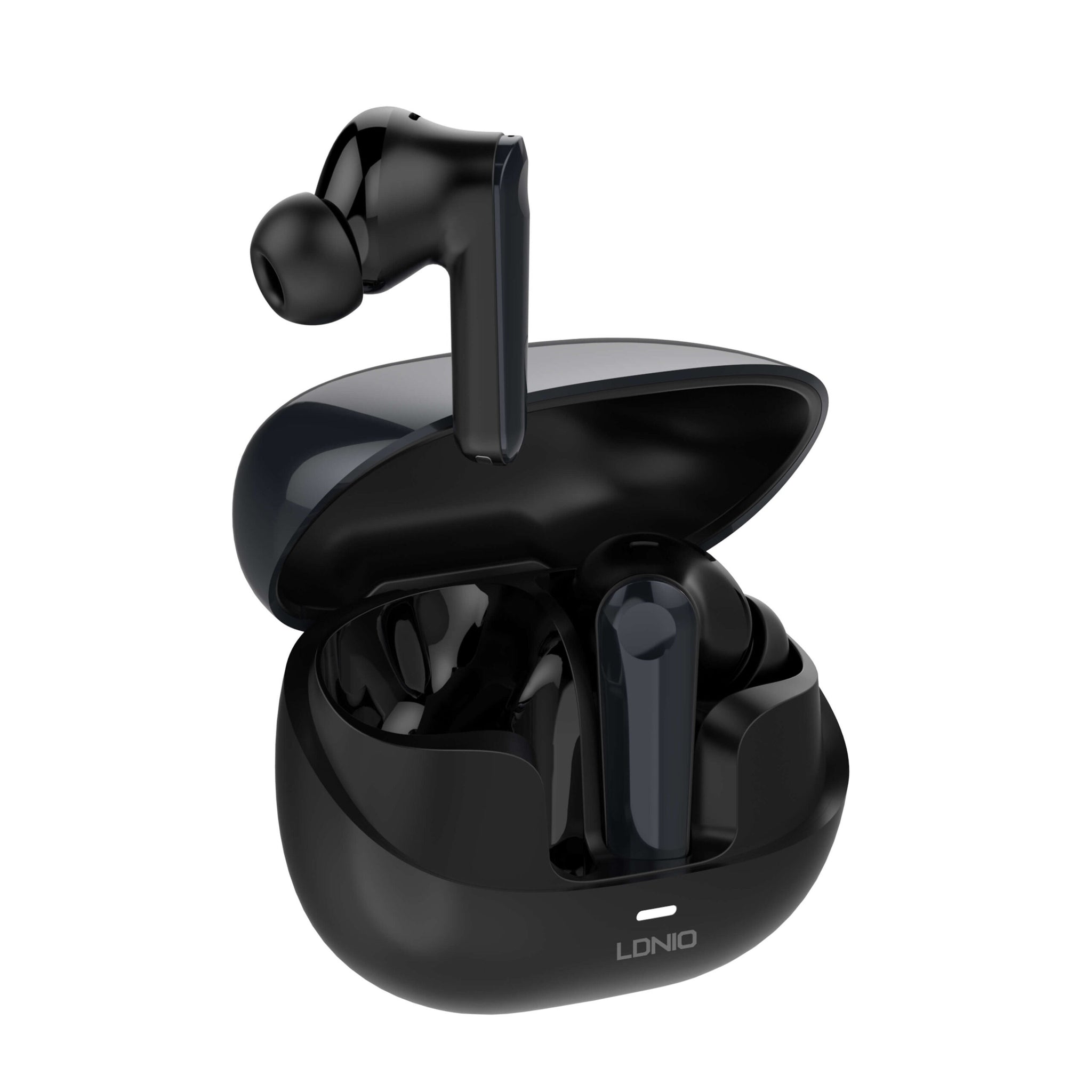 Close-up of the LDNIO T06 in-ear design and touch button control interface.