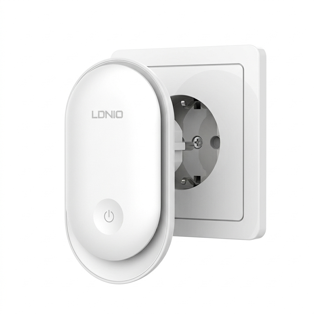 Close-up of the LDNIO Y1 light sensor, master switch button, and EU standard plug.