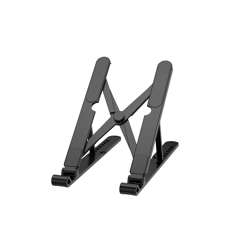 Black adjustable laptop stand on a white background