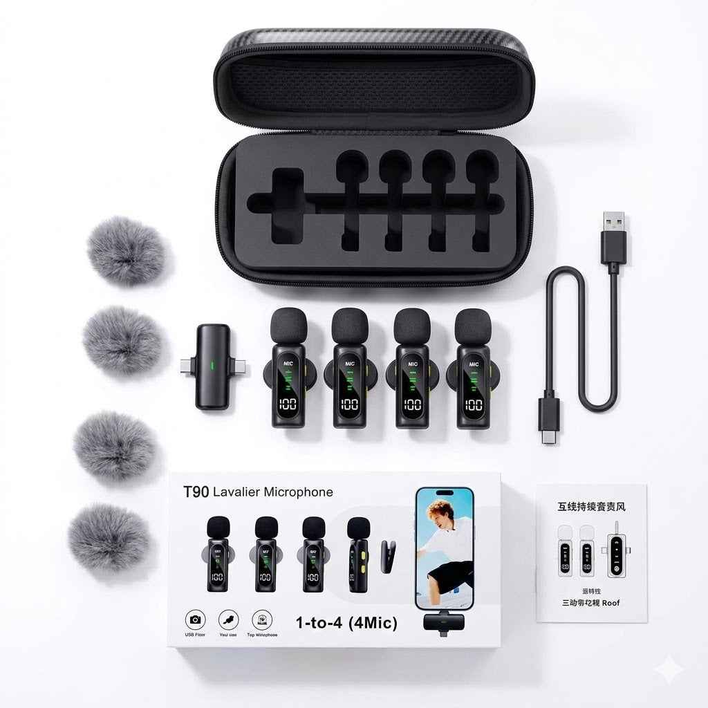 Latest T90 2-in-1 Connectivity 4 Wireless Mic Lavalier Microphone Digital Display Noise Cancelling