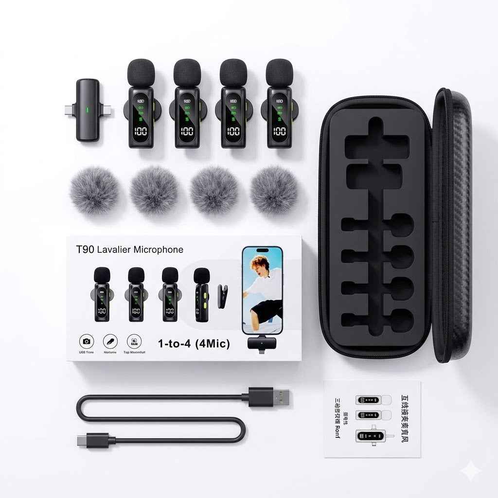 Latest T90 2-in-1 Connectivity 4 Wireless Mic Lavalier Microphone Digital Display Noise Cancelling