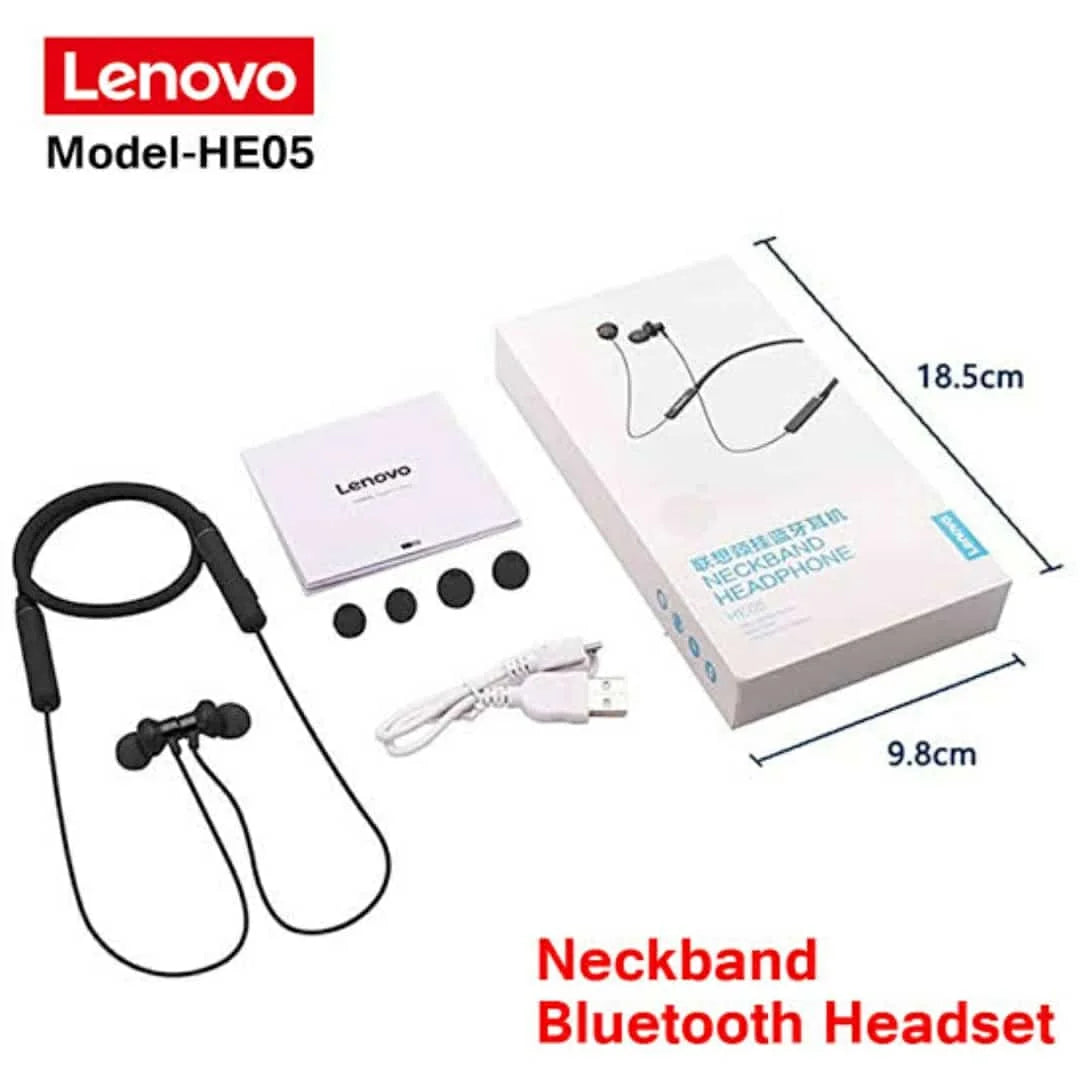 Original Lenovo HE05 wireless neckband headphones with IPX5 waterproof rating and 8 hours battery life