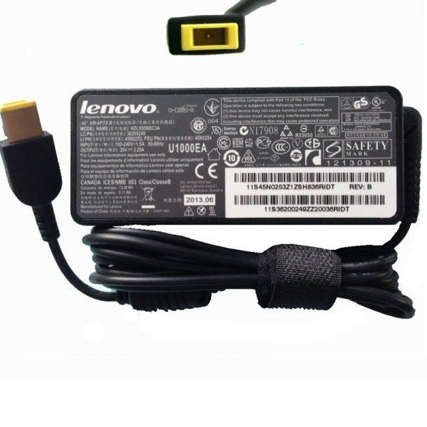 Lenovo 65W square pin laptop charger showing the adapter brick, square pin connector tip, and high-conductivity power cord