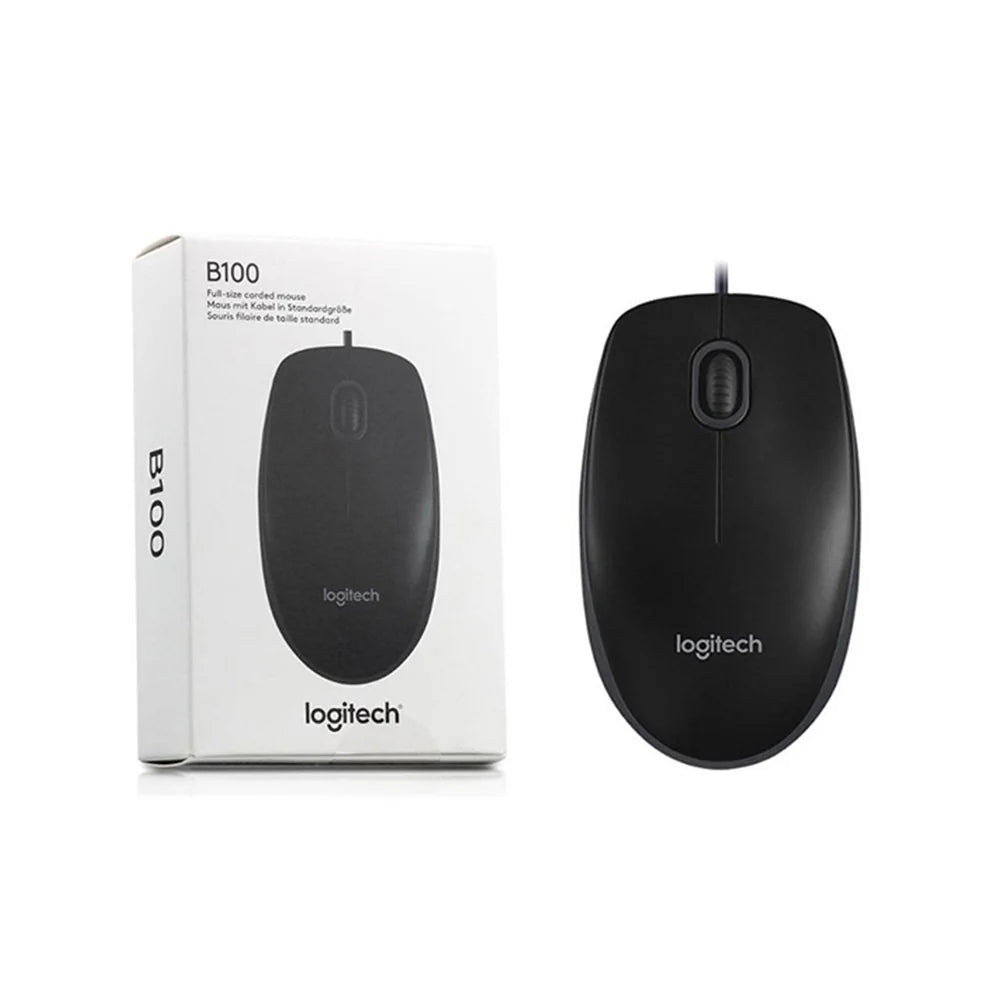 Close-up of the Logitech B100 optical sensor and high-precision scroll wheel.