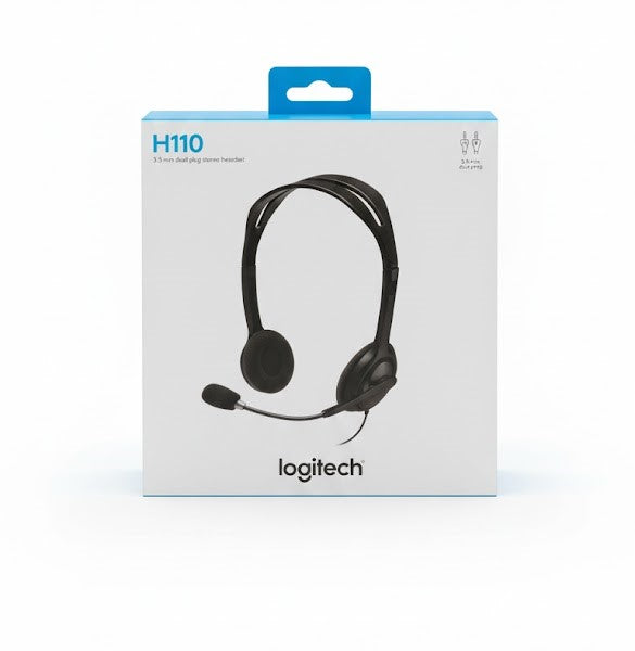 Close-up of the Logitech H110 dual 3.5mm audio jacks and soft foam ear cushions.
