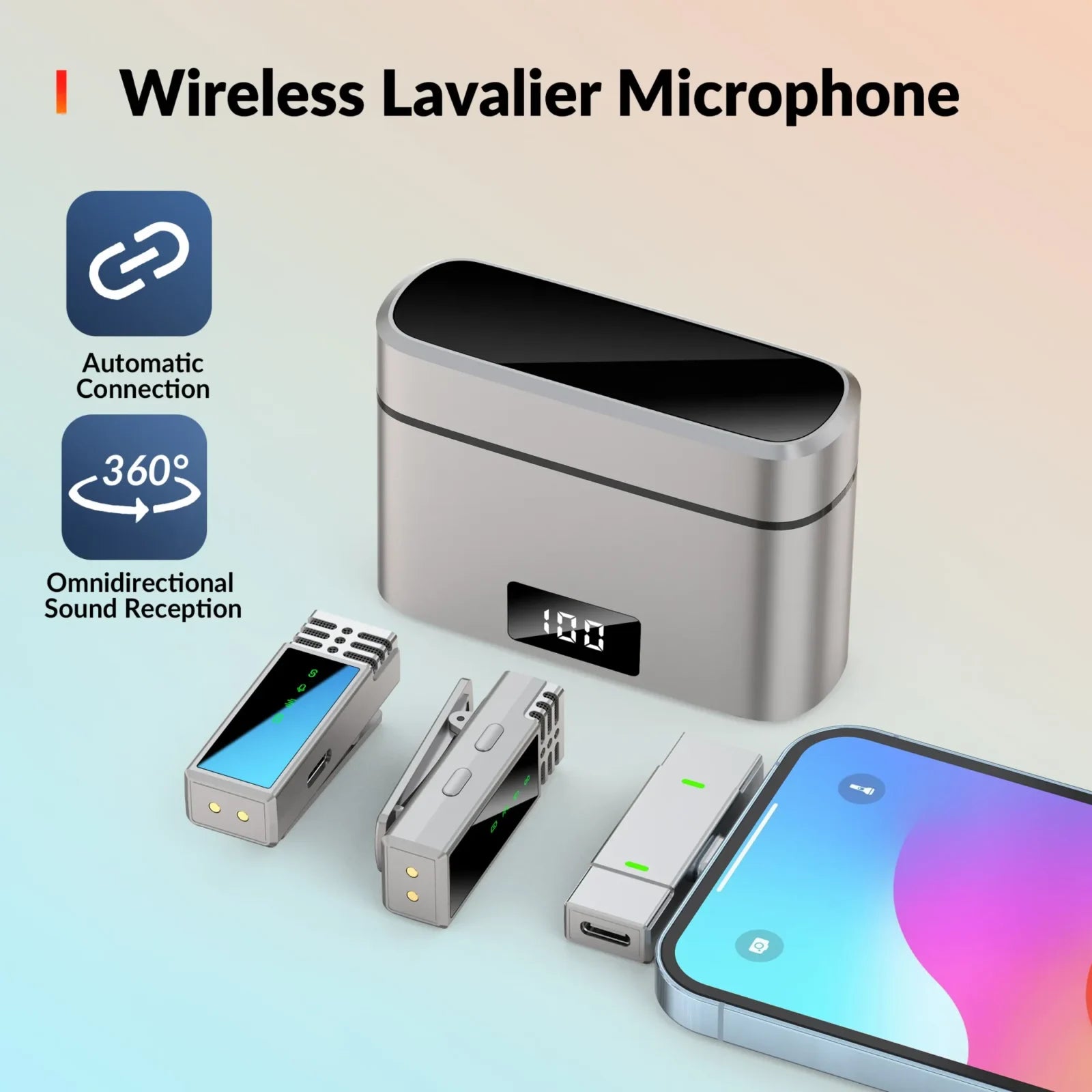 Jmary MW-15 wireless lavalier microphone for iPhone with Lightning receiver and 48-hour battery life charging case
